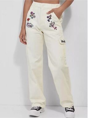 BROKEN PROMISES Cream Embroidered Boyfriend Jeans with Patch Details